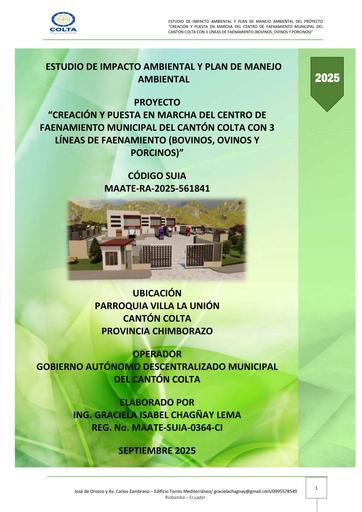 CREACIÓN Y PUESTA EN MARCHA DEL CENTRO DE FAENAMIENTO MUNICIPAL DEL CANTÓN COLTA CON 3 LÍNEAS DE FAENAMIENTO (BOVINOS, OVINOS Y PORCINOS)